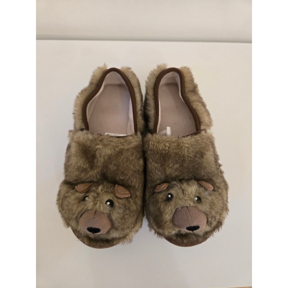 L.L.Bean Kids Bear Plush Slippers Brown Size 3-4 Cozy Faux Fur House Shoes